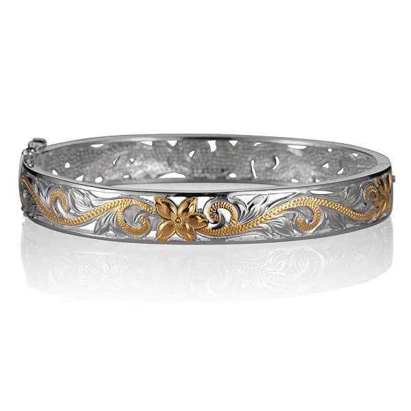 Hawaiian 925 Sterling Silver scroll S/T open bangle bracelet with intricate design.