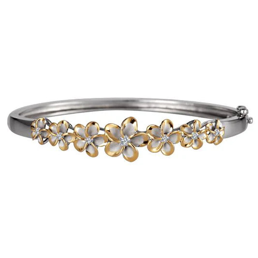 Sterling silver 6-12mm 7 Plumeria rhodium bangle featuring floral design, handcrafted by Ashley's Gift Shop.