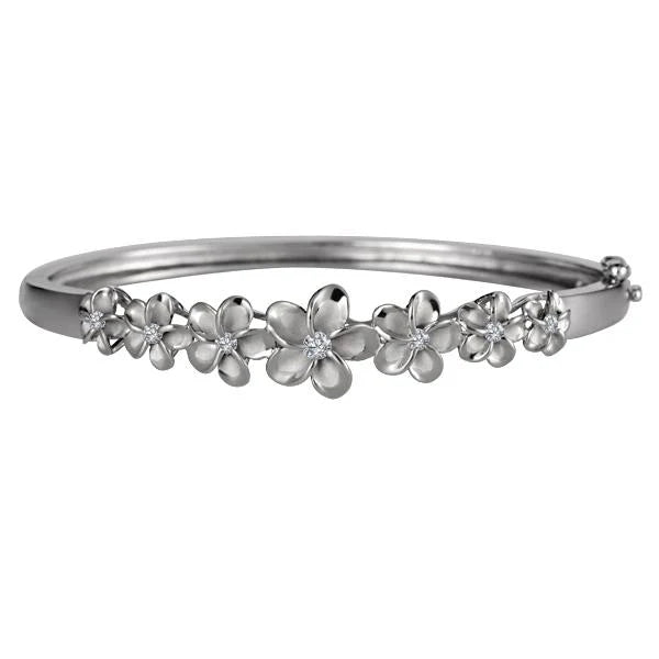 Hawaiian 925 Sterling Silver 6-12mm 7 Plumeria Rhodium Bangle with floral design, crafted from 925 silver, elegant jewelry.