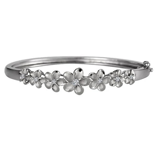 Sterling silver 6-12mm 7 Plumeria Rhodium Bangle showcasing floral design and polished finish, perfect for elegant jewelry collection.