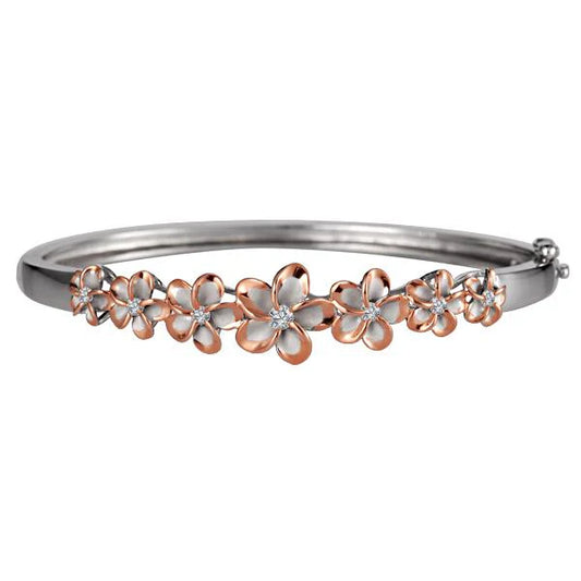 Sterling silver 6-12mm 7-plumeria rhodium bangle with floral design, crafted from 925 sterling silver, by Ashley's Gift Shop.