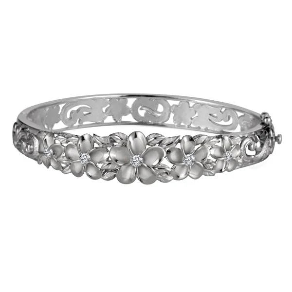 Hawaiian 925 Sterling Silver 10-15mm Plumeria rhodium bangle featuring five floral charms.