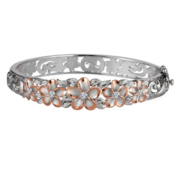 Hawaiian 925 Sterling Silver 10-15mm Plumeria Rhodium Bangle with seven floral charms.