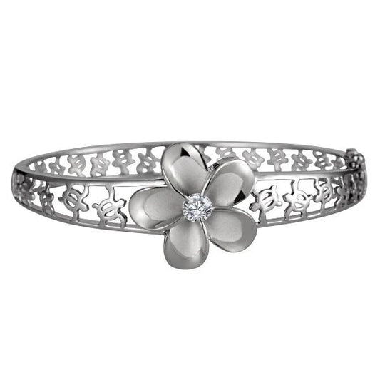 Sterling silver 22mm Plumeria Rhodium Bangle featuring intricate floral design, crafted from 925 silver.