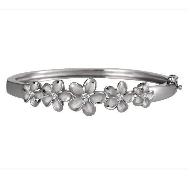 Hawaiian 925 Sterling Silver 8-12mm 7 Plumeria Rhodium Baby Bangle with floral design.