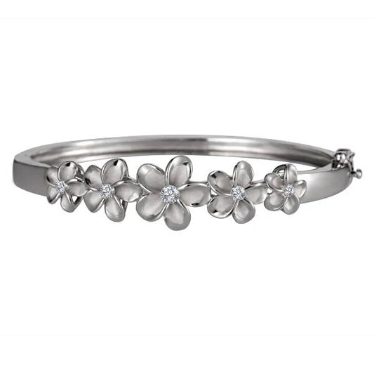 Sterling silver 8-12mm 7 Plumeria Rhodium Baby Bangle with floral design, crafted from 925 sterling silver.