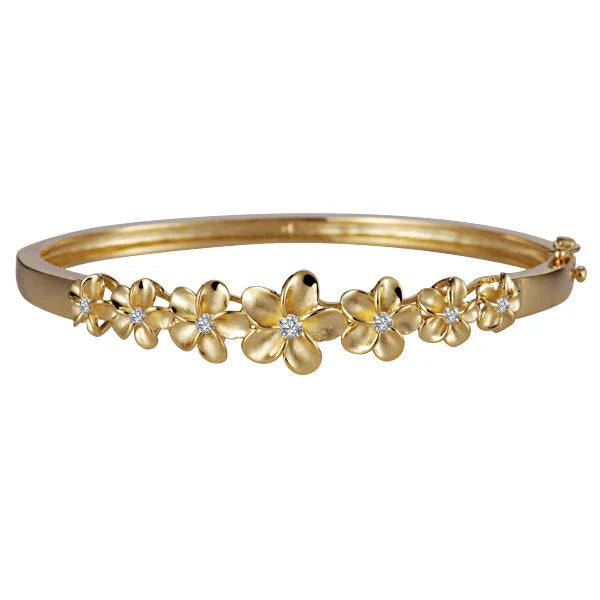 Hawaiian 925 Sterling Silver bangle with 8-12mm plumeria design, rhodium and yellow gold coating, featuring a stylish floral.
