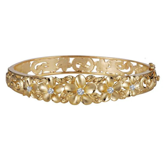 Sterling silver bangle with pink gold coating and plumeria design, 10-15mm width, stylish jewelry from Ashley's Gift Shop.