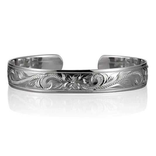 Sterling silver Scroll Smooth Cuff Bangle, 12mm wide, stylish jewelry accessory with a sleek, polished finish.