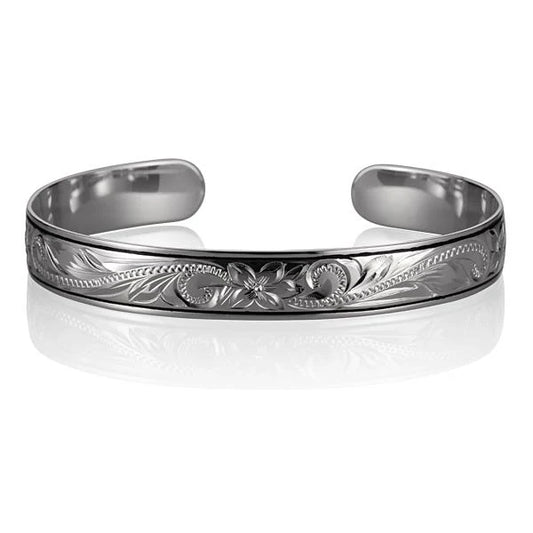 925 Sterling Silver Scroll Black Border Cuff Bangle with 10mm width, featuring a stylish scroll design and black border detail.