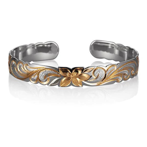 Hawaiian 925 Sterling Silver queen cuff bangle with two-tone design, 10mm width, featuring a stylish and elegant jewelry.