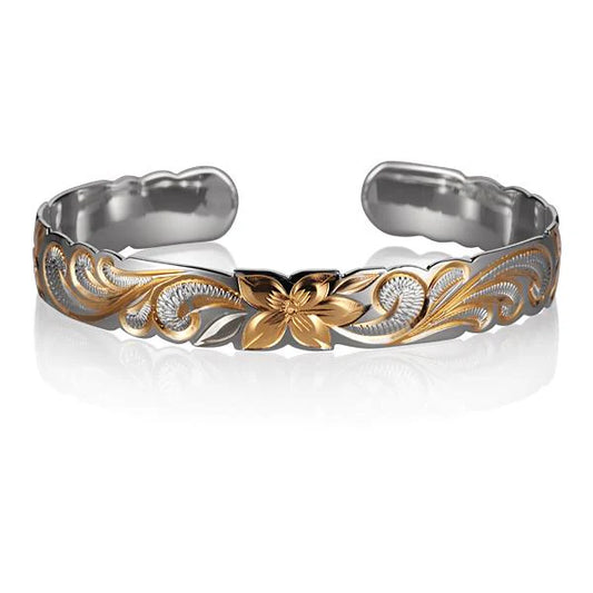 Sterling silver Queen c/o Two Tone Cuff Bangle with 10mm width, featuring a sleek two-tone design and open cuff style.