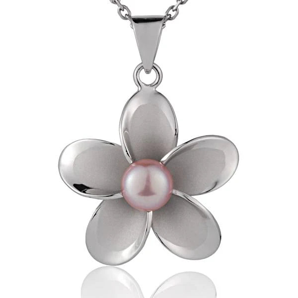 Rhodium Plumeria Pink Pearl Pendant - 32mm image 0