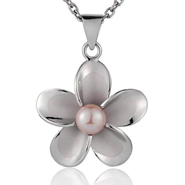 Rhodium Plumeria Pink Pearl Pendant - 25mm image 0