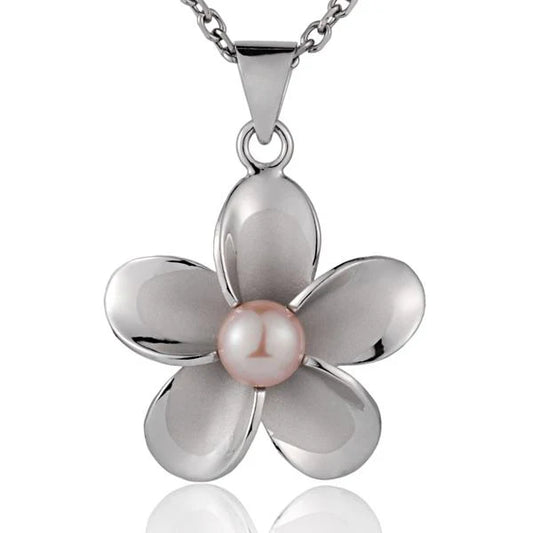 Rhodium Plumeria Pink Pearl Pendant - 25mm image 0