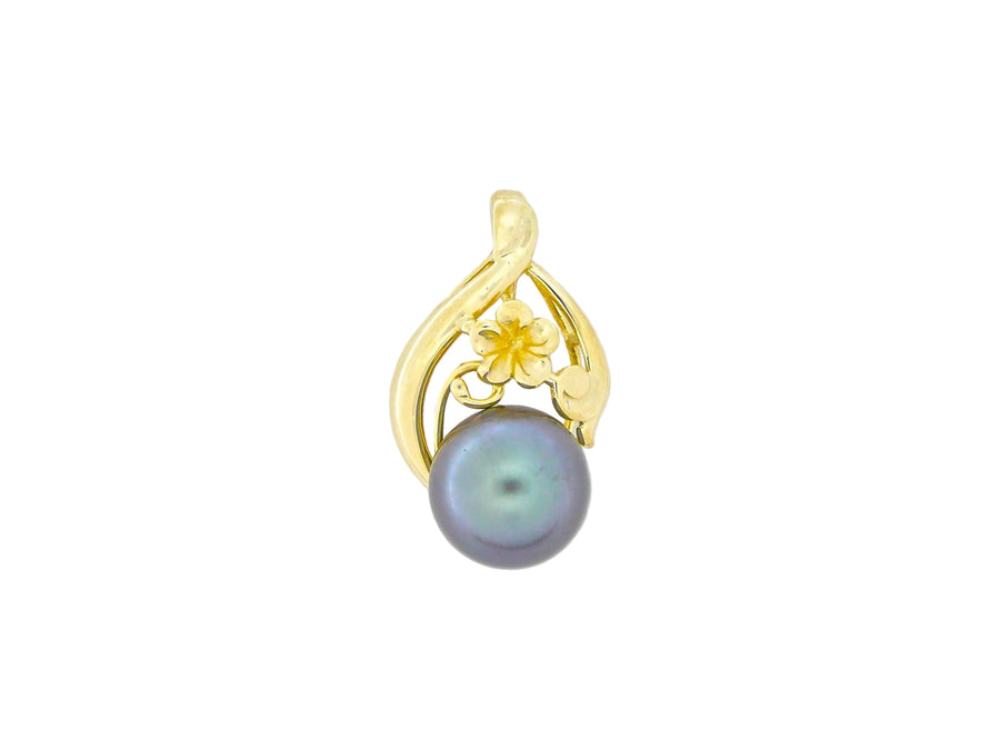 Hawaiian 14K Gold black pearl single scroll pendant featuring a polished black pearl and intricate scroll design.