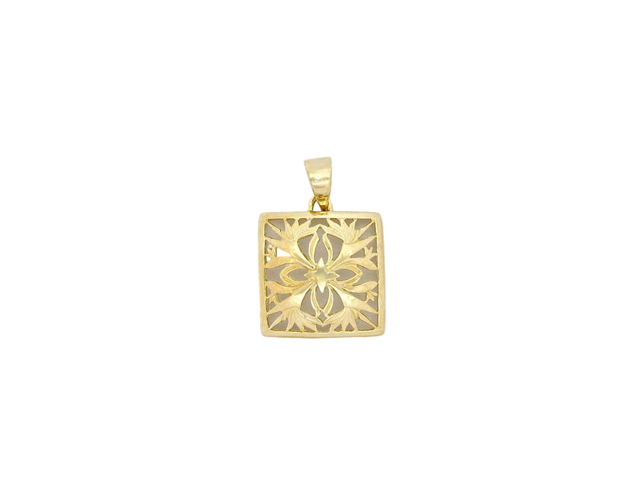 Hawaiian 14K Gold small 14K gold Bird of Paradise quilt pendant with intricate floral design.
