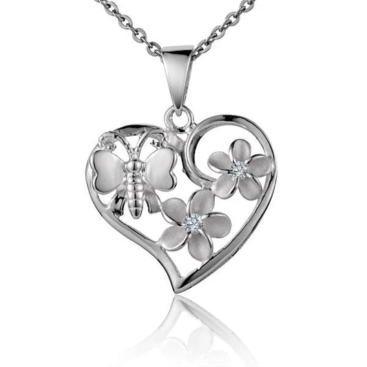 Sterling silver Butterfly 2 Plumeria Heart Pendant featuring intricate butterfly and floral design, crafted for elegant jewelry.