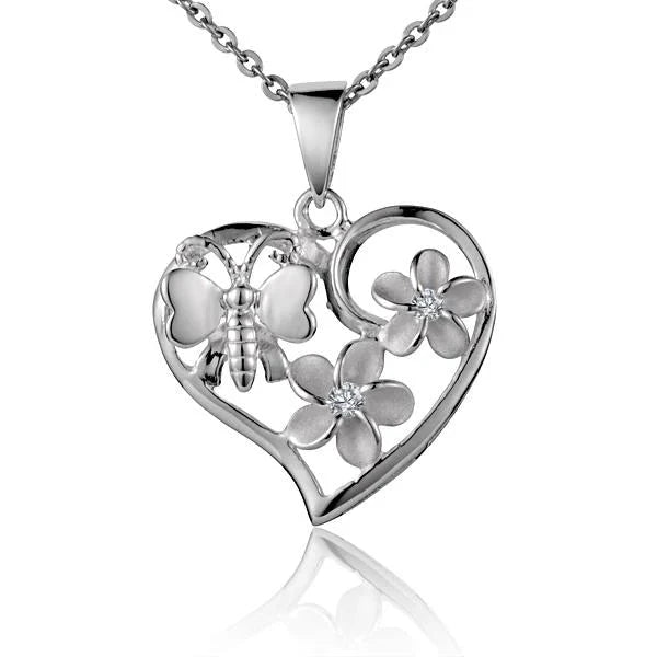 Hawaiian 925 Sterling Silver butterfly 2 Plumeria Heart Pendant featuring intricate butterfly and floral design, crafted.