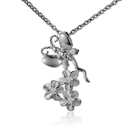 Sterling silver Butterfly 3 Plumeria pendant with detailed floral design, showcasing elegant craftsmanship and delicate butterfly shape.