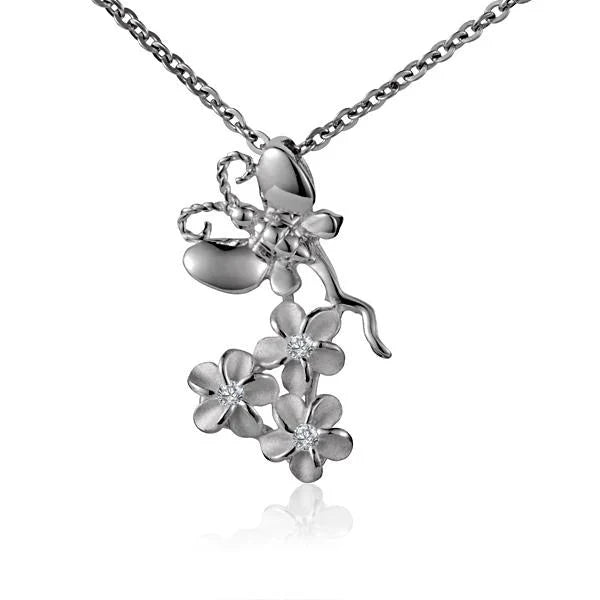 Hawaiian 925 Sterling Silver butterfly 3 Plumeria pendant with detailed floral design.