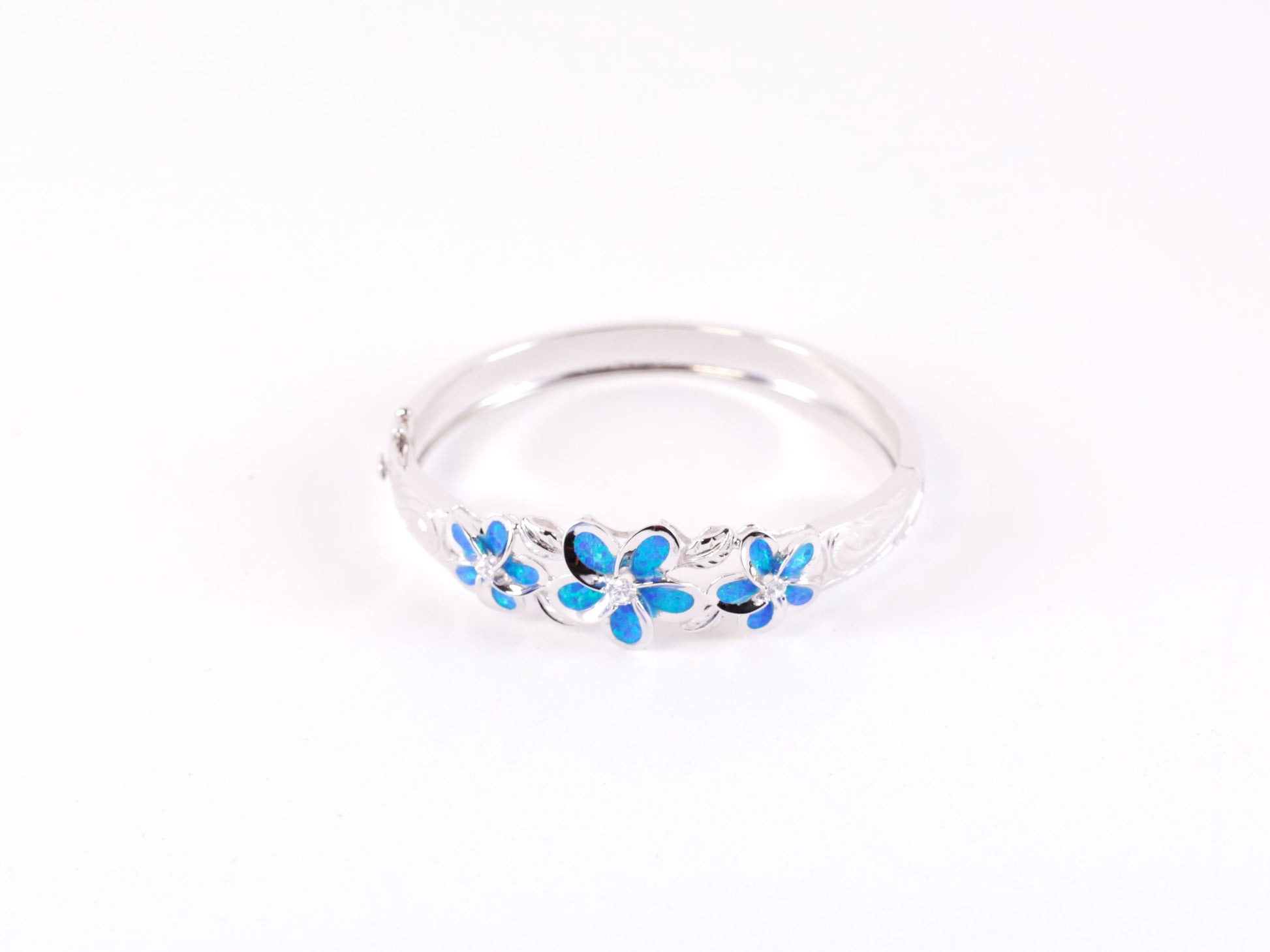 Silver Blue Three Plumeria Bangle image 0