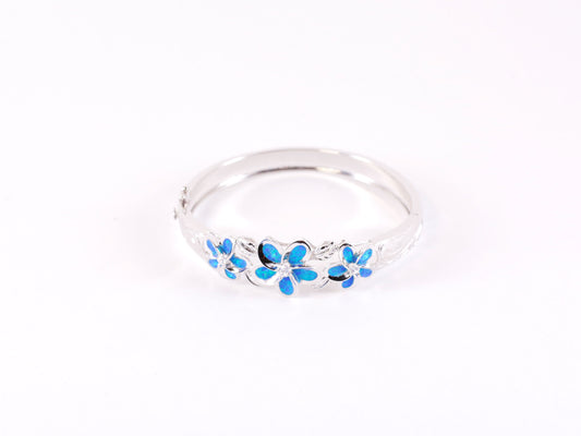 Silver Blue Three Plumeria Bangle image 0
