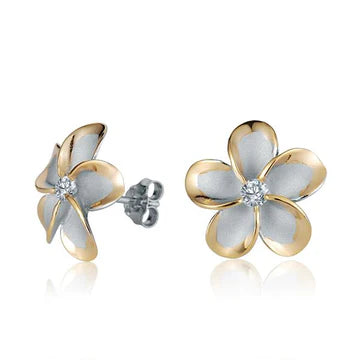 Plumeria CZ YG Plated Post Earring - 15mm image 0