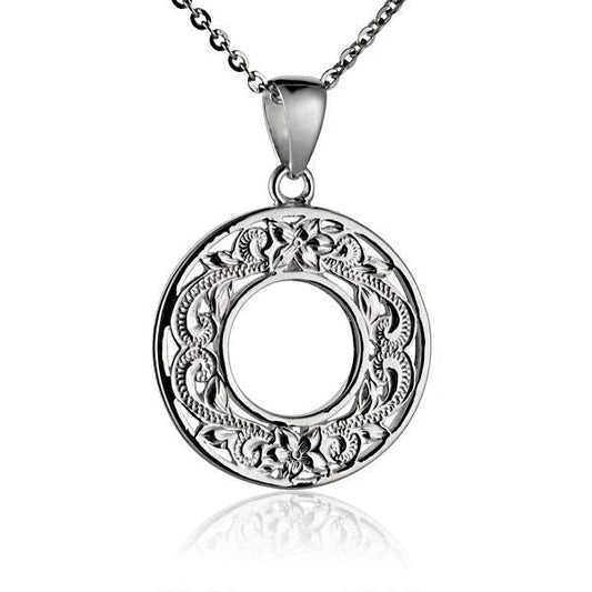 Sterling silver Circle S/T Scroll Pendant featuring intricate scroll details, crafted by Ashley's Gift Shop.
