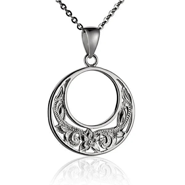 Hawaiian 925 Sterling Silver circle S/T Scroll Pendant with intricate design.
