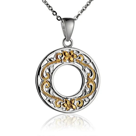 Sterling silver Circle S/T Scroll YG 2T pendant with intricate design, crafted in 925 silver, featuring yellow gold accents.