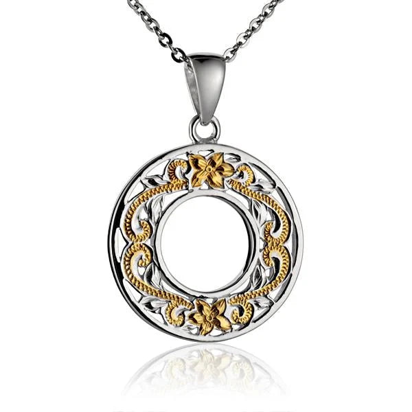 Hawaiian 925 Sterling Silver circle S/T Scroll YG 2T pendant with intricate design, crafted in 925 silver, featuring yellow.