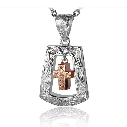 Trapezoid-shaped cross pendant with detailed design, crafted by Ashley's Gift Shop, displayed against a neutral background.
