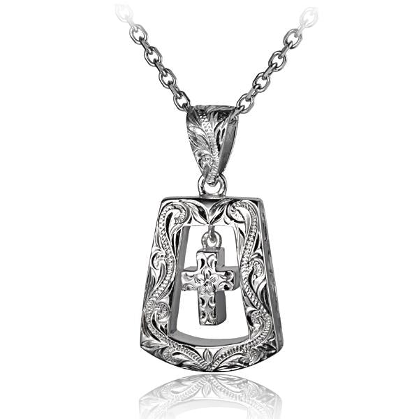 Hawaiian 925 Sterling Silver cross in trapezoid pendant with detailed design.
