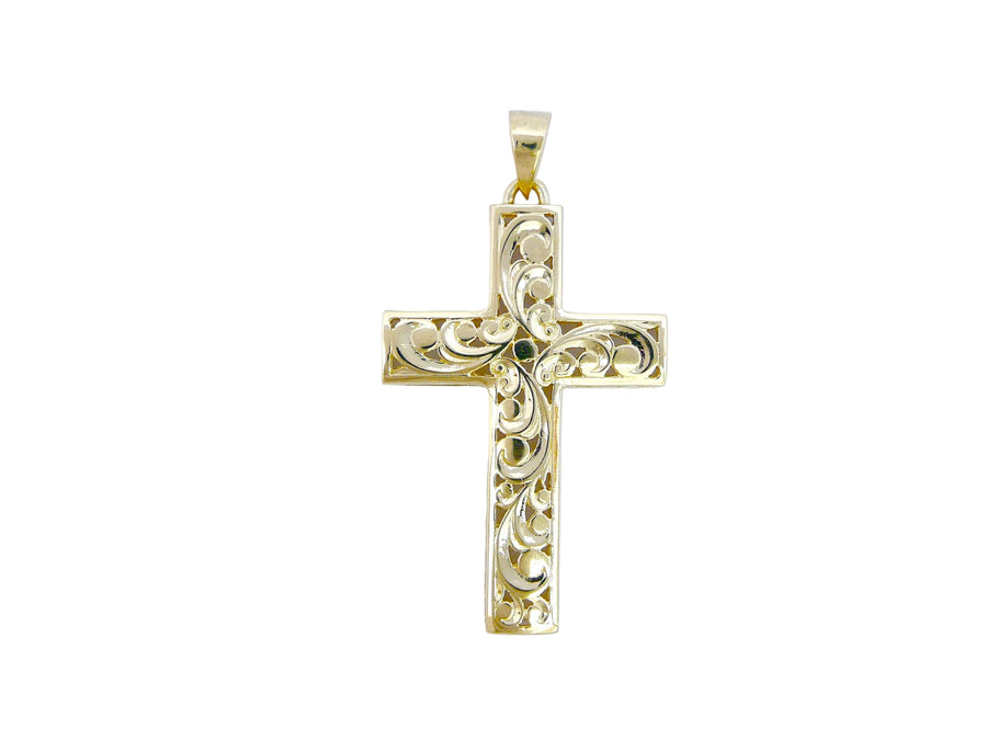 Hawaiian 14K Gold medium 14K gold cut-out cross pendant with intricate design, hanging on a delicate chain.
