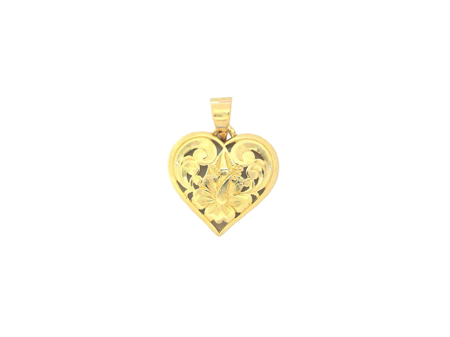 Hawaiian 14K Gold cut-out heart pendant, elegant jewelry piece with open heart design.
