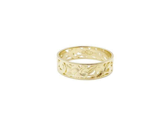 Hawaiian 14K Gold hibiscus cut-out ring with 6mm band, featuring intricate floral design for elegant jewelry style.