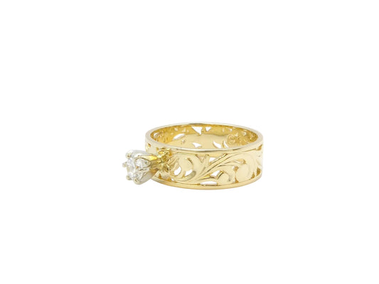 Hawaiian 14K Gold cut-out ring with 0.25 carat CZ, 6mm size, featuring intricate design and polished finish.