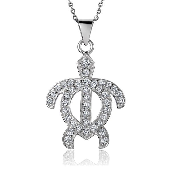 Hawaiian 925 Sterling Silver cZ Honu pendant featuring a turtle design, with detailed ocean-inspired accents.