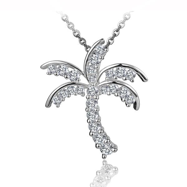 Hawaiian 925 Sterling Silver cZ palm tree pendant, detailed jewelry piece with sparkling stones.