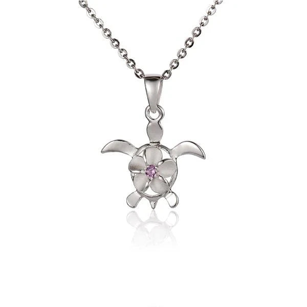 Hawaiian 925 Sterling Silver cZ Plumeria Honu pendant with 8mm gemstone, featuring a Hawaiian turtle design.