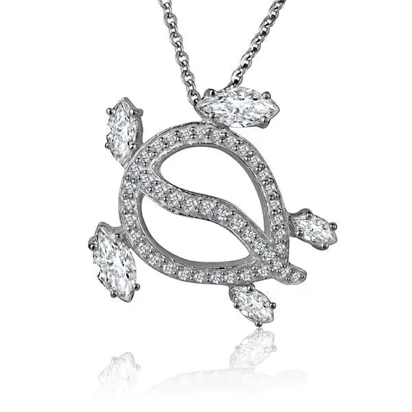 Hawaiian 925 Sterling Silver cZ swimming Honu turtle pendant, detailed ocean-inspired jewelry piece with sparkling stones.