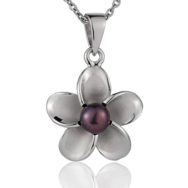 Rhodium Plumeria DB Pearl Pendant - 18mm image 0