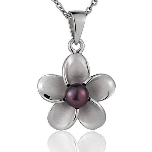 Rhodium Plumeria DB Pearl Pendant - 18mm image 0
