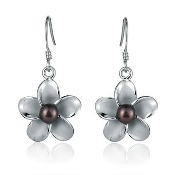 Rhodium Plumeria Black Pearl Hook Earring -18mm image 0