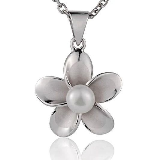 Rhodium Plumeria White Pearl Pendant - 20mm image 0