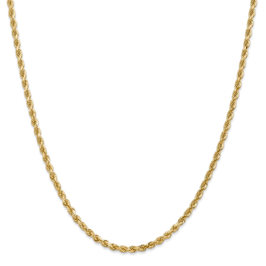 14K gold diamond cut rope chain, 2.9mm thickness, showcasing intricate textured design and polished finish.
