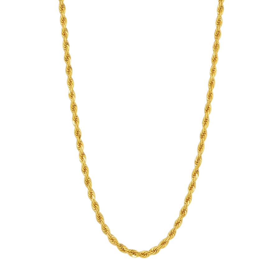 14K gold diamond cut rope chain, 2.9mm thickness, showcasing intricate textured design and polished finish.