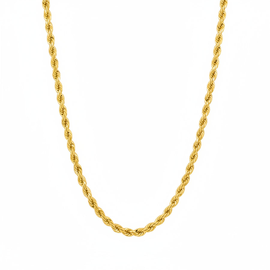14K gold diamond cut rope chain, 3.5mm thickness, shiny and textured jewelry piece with intricate design.