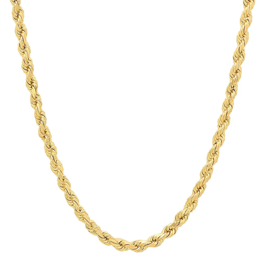 14K gold diamond-cut rope chain, 5mm thickness, showcasing intricate link design and shiny gold finish.